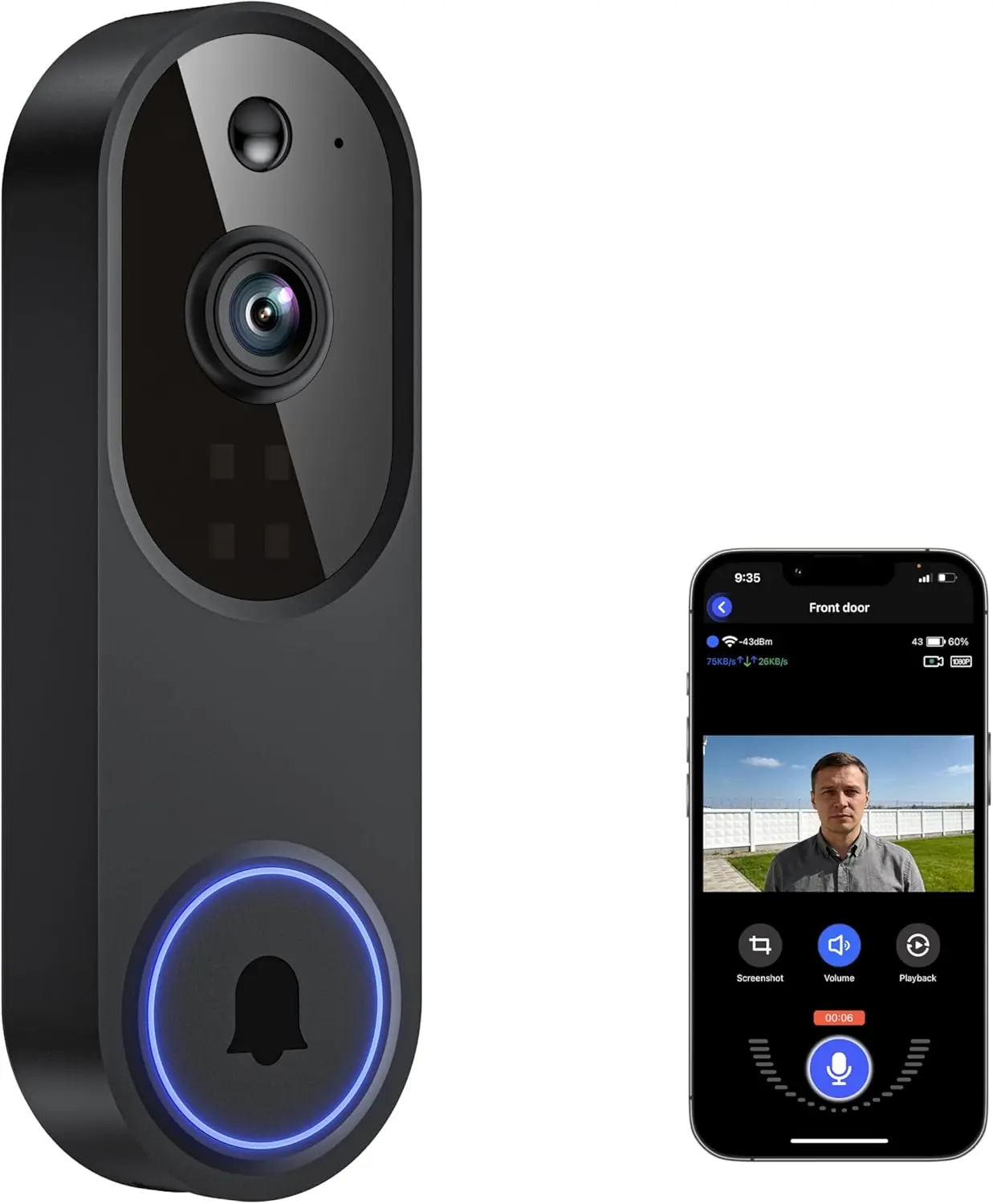 M52 Wireless Doorbell Camera, 1080HD Indoor/Outdoor Home Security Camera with 4 Infrared Lights, Night Vision, 120° Wide View, Motion Detection Notifications, Smartphone Compatibility & Online Support