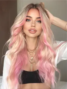 Women's Long Curly Glueless Synthetic Wig, Platinum Highlights, 26 Inch Wave Frontal Bangs, Daily Wear & Special Occasions, Fashionable Hairpiece, Loose Wave Wigs, Glueless Wigs, Synthetic Material Wigs, With Bangs