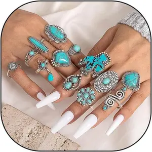 Boho Turquoise Ring for Women Silver Western Stackable Knuckle Rings Vintage Cactus Flower Midi Finger Ring Statement Jewelry Gifts