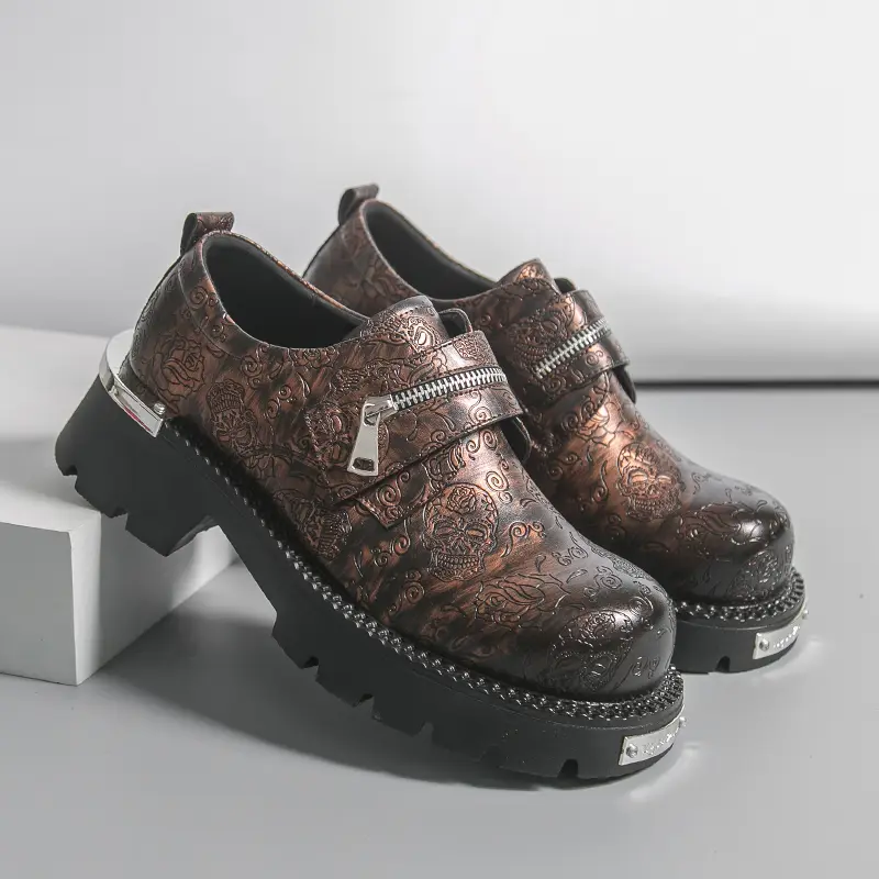 Men's Vintage Punk Loafers Chunky Platform Shoes Gothic Skull Print Slip On Casual Dress Shoes with Zipper Strap Detail Heavy Lug Sole Street Style Footwear for Alternative Fashion Outfits