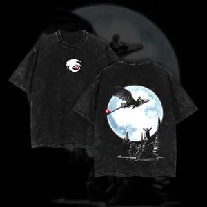 Retro The Night Fury How to Train Your Dragon Oversize Acid Washed Heavyweight Cotton T-shirt How to Train Your Dragon Unisex Short Sleeve Graphic Tee Fury and Toothless Dragon Disneyland Shirts
