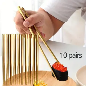 10 Pairs Reusable Chopsticks,8.9 Inch Titanium Gold Plating Stainless Steel Metal Chop Sticks,Japanese Chinese Korean Chopstick Dishwasher Safe