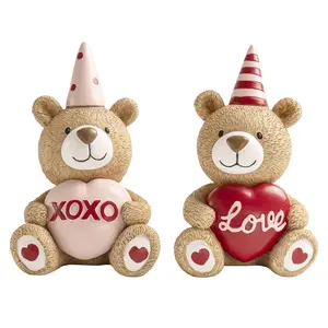 Geemuslly Valentines Day Figurines Resin Teddy Bear with Heart Decor Centerpieces Table Mantle Tiered Tray Shelf Valentine's Small Statues Indoor Home Decorations
