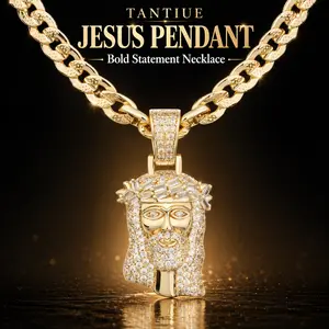 TANTIUE 14K Gold Plated Jesus Pendant for Men, 5A Cubic Zirconia Iced Out Cuban Chain Necklace for Men Women, Bling Rap Style Couple Jewelry