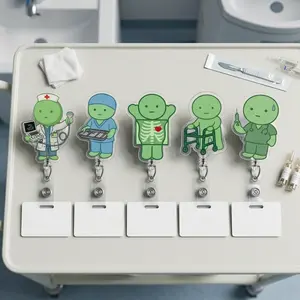 Cute Medical Smiski Badge Reels - X-Ray, Ultrasound, Surgical Tech & PT Retractable ID Holder - Fun Green Character Name Tag Clip Gift