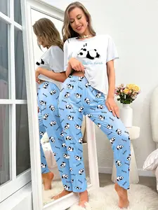Women's Cute Panda Print Pajamas Set Short Sleeve Long Pants Soft Comfortable Loungewear