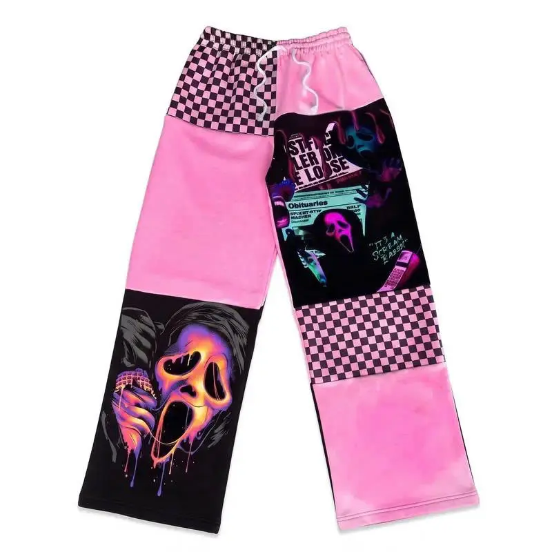 Ghost Face Checkerboard Horror Graphic Sweatpants | Spooky Patchwork Jogger Pants | Unisex Fall Winter Streetwear