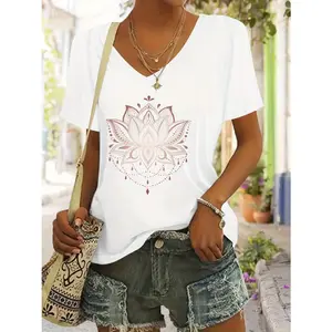 Women's exquisite and casual short-sleeved V-neck top, featuring a lively and elegant lotus pattern print, is an ideal choice for spring and summer outdoor travel and everyday wear