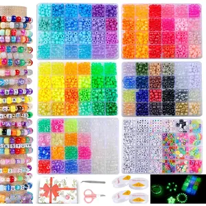 6 Boxes Bracelet Making Kit Pony Beads, 6x9mm Kandi  & Hair Beads Set with UV Color Changing, Glow-in-Dark, Alphabet Letters for Friendship  DIY Crafts