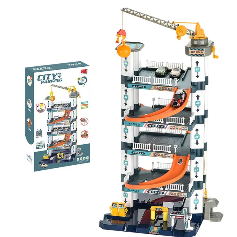 Parking Garage Playset with 3 Cars, Five-story parking building toys with car lift and crane, Roomy Parking Levels, Car Ramp Track, Gifts for Kids
