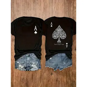 [Double Print] Poker Card Double-Sided Print Women'S Casual Round Neck T-Shirt, 180G Blend Double-Sided Print Round Neck Short Sleeve T-Shirt, Slim Fit Versatile High-Quality Casual Sports Fashion Single Piece