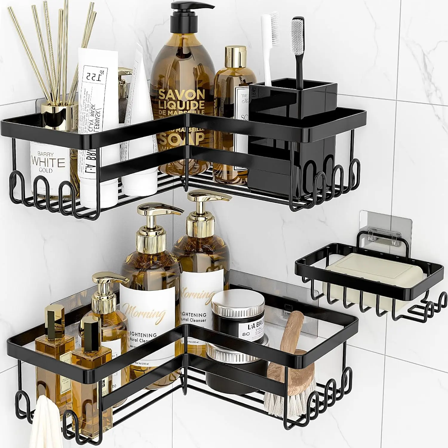 Corner Shower Caddy, 3 Pack Adhesive Bathroom Accessories with Soap Holder, Storage Stainless Shower Organizer Shelf with Hooks, No Drilling Shower Shelves for Bathroom, Dorm and Kitchen caddy