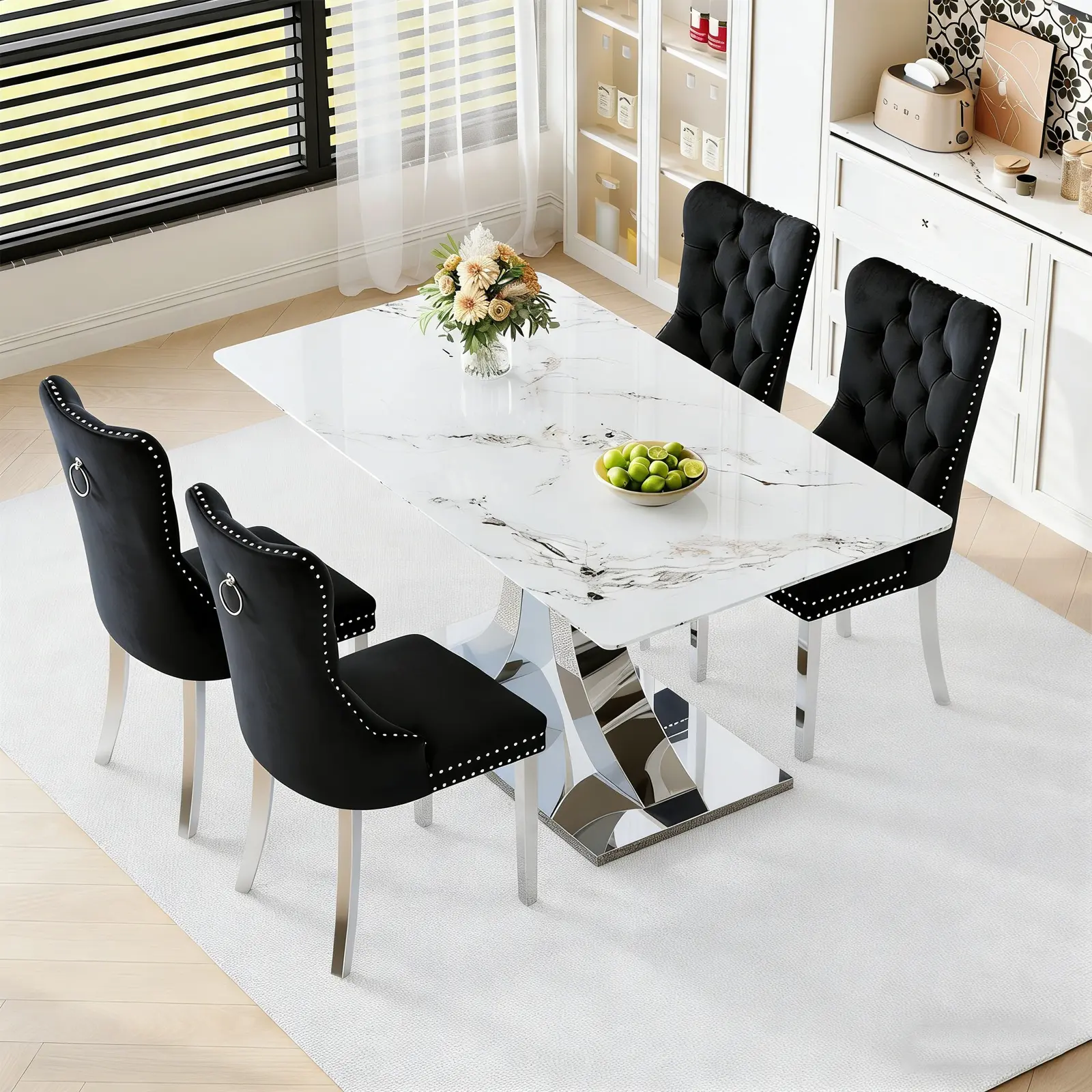 1 Table+4 Black Silver Metal Chairs