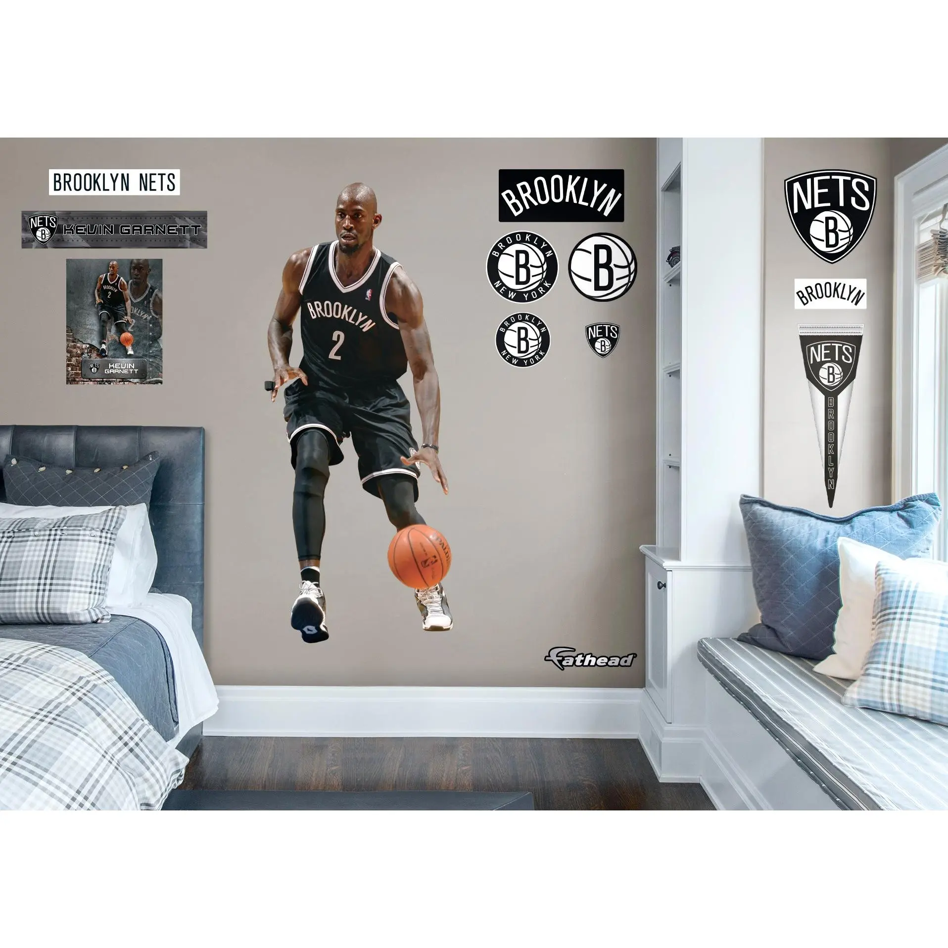 Kevin Garnett Official NBA Brooklyn Nets RealBig Legend Collection Vinyl Wall Stickers, Low-Tack Adhesion Team-Themed Decorative Decals, Removable Room Wall Art Home Supplies