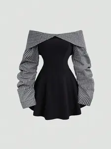 Sweetra Women's Autumn/Winter Bardot Mini Dress – Collegiate Style Ruched Waist Contrast Color Dress