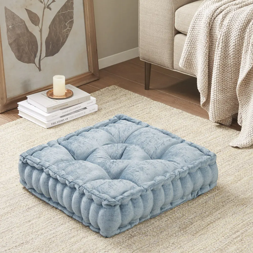 Soft Plush Seating Pad, 20x20 Inch Square Floor Cushion in Aqua Poly Chenille – Versatile Pouf for Living Room, Bedroom, Dorm, Meditation, Yoga, and Kids Playroom