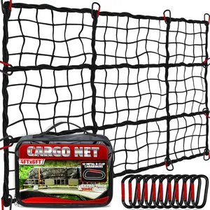 [] 4'x6' Heavy Duty Cargo Net Stretches to 8' x 12', Extra Thick 10mm Cord Bungee Cargo Netting for Pickup  Bed, Roof Rack Net & 12 count Steel Carabiners