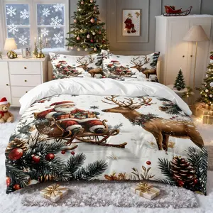 3-piece set (1 quilt cover + 2 pillowcases, no core) Christmas, Santa Claus, deer, snowflakes, gift pattern digital printing quilt cover set, soft and comfortable, suitable for bedroom, hotel, school dormitory, Gift Ready