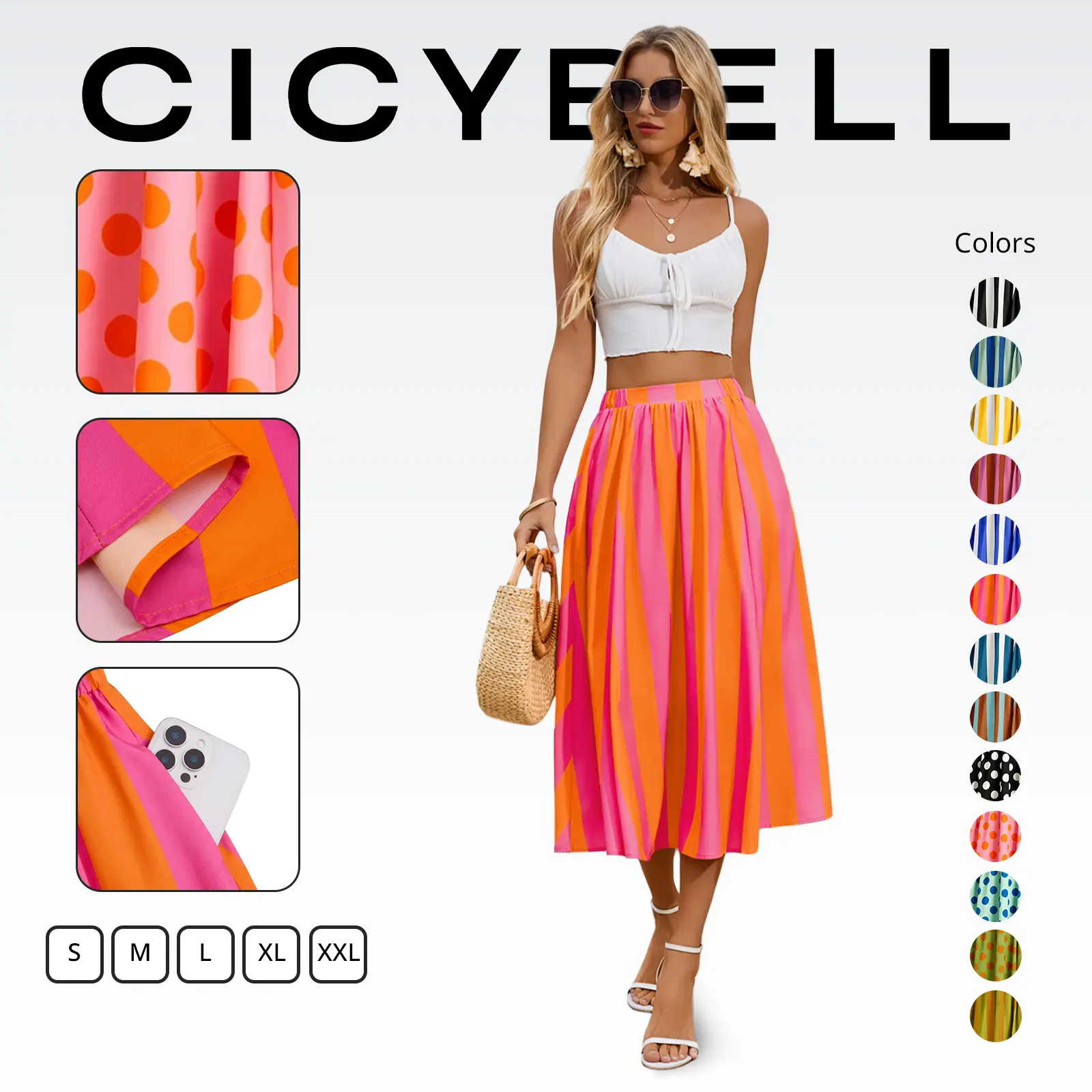 Cicy Bell Womens Summer Striped Maxi Skirts A-Line Elastic Waist Flowy Skirt Beach Vacation Outfits