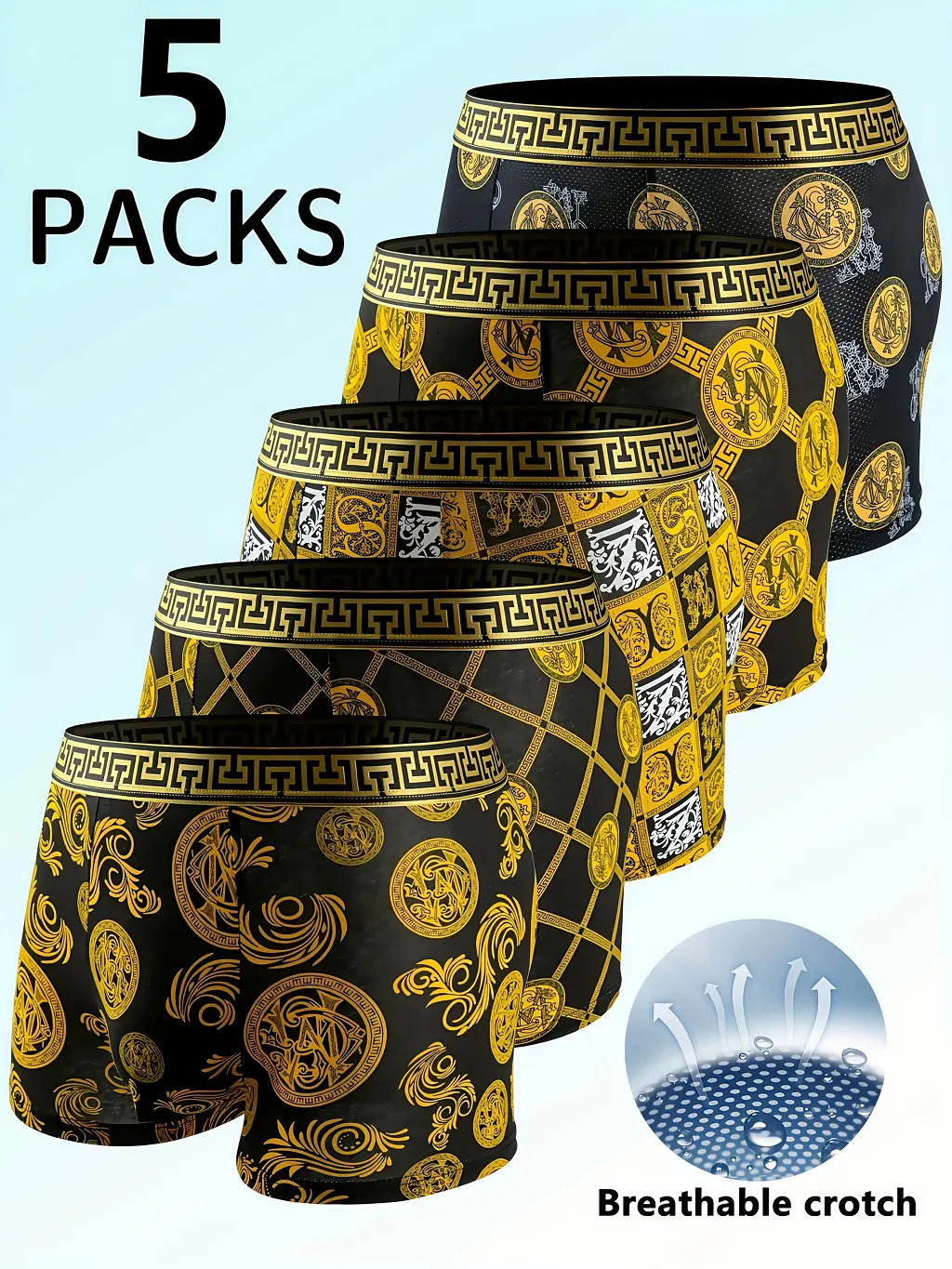 5-piece set of black gold ribbon luxury style men's square underwear, skin friendly, breathable and comfortable square underwear, elastic sports shorts, men's casual daily basic underwear, a good gift for him