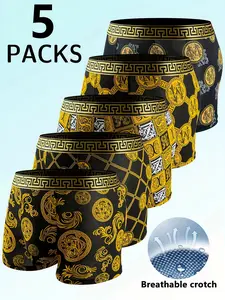 5-piece set of black gold ribbon luxury style men's square underwear, skin friendly, breathable and comfortable square underwear, elastic sports shorts, men's casual daily basic underwear, a good gift for him