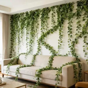 24-Piece Plastic PVC Evergreen Artificial Vine Decor with Clips - Green Hanging Fake Leaf Ornament for Home, Garden