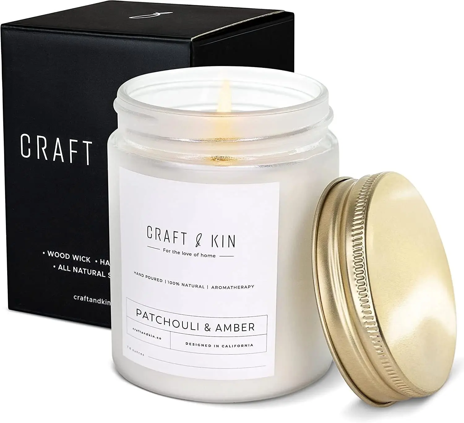 Craft & Kin Patchouli & Amber Christmas Scented Candle | 8 Oz, 45-Hour Long Lasting | Classic Soy with Woodwick Winter Candles | Made with Natural Soy | Holiday Candles Gifts for Men and Women