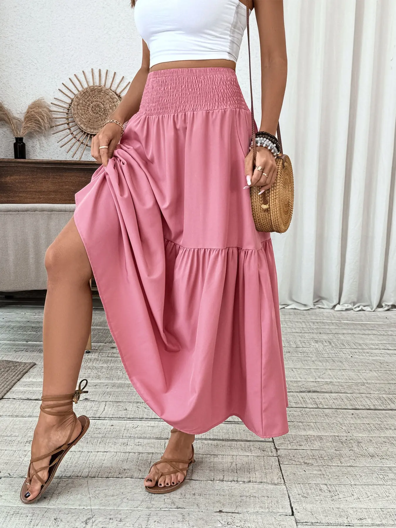 Women's Vintage Garden Floral Midi Skirt, Womenswear, High Waist Slimming, Lightweight Flowy Fabric, Casual Daily Wear, Vacation, Music Festivals
