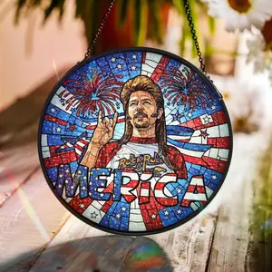 Funny Merica Joe Dirt 4th of July Stained Glass Suncatcher, Patriotic Window Hanging Decor, Red White Blue Art