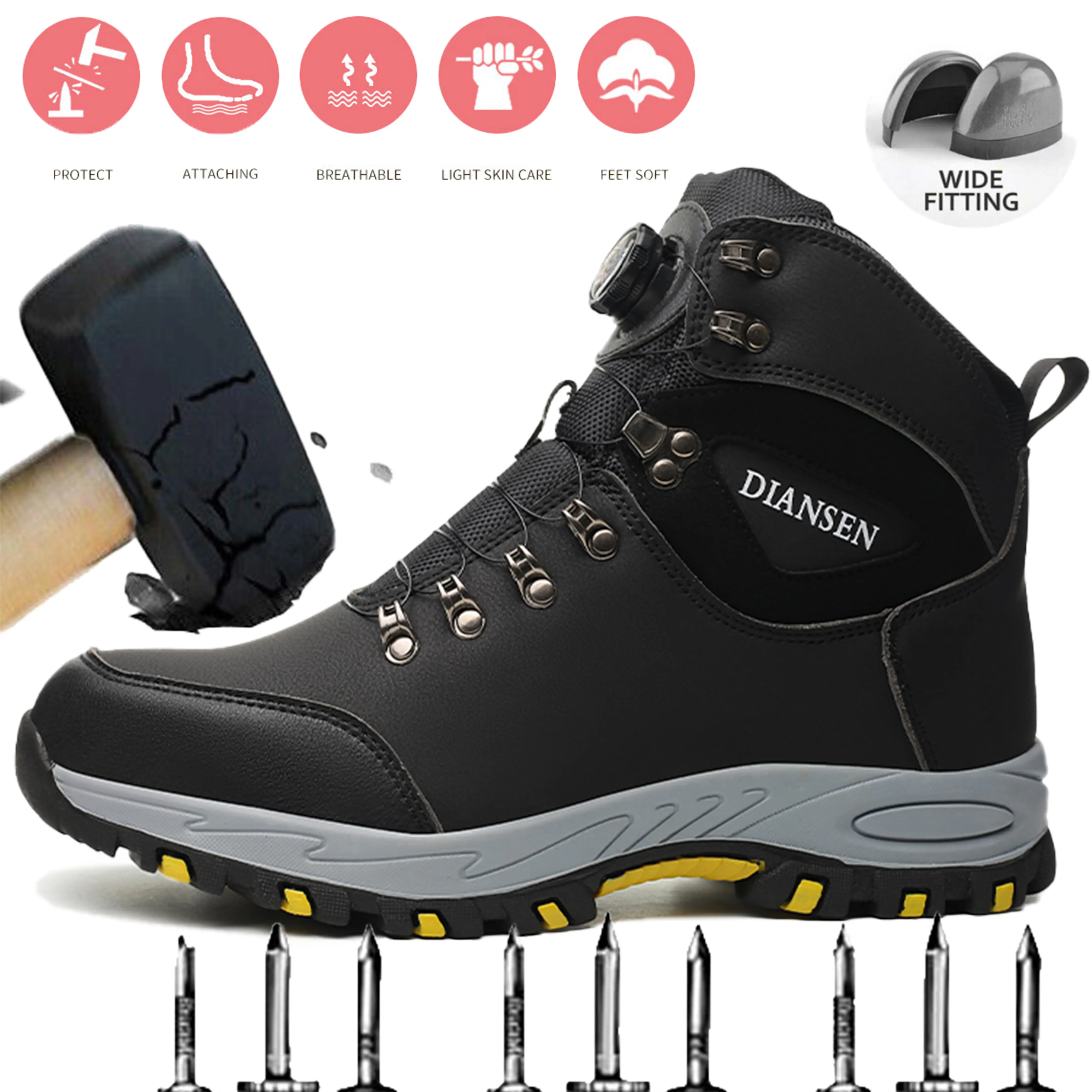 Men's Steel Toe Safety Shoes, Breathable Mesh Work Sneakers with Puncture-Proof Kevlar Midsole, Lightweight & Wear-Resistant for Construction, Breathable Work Boot, Fashion Safety Shoes, Buckle, Minimalist