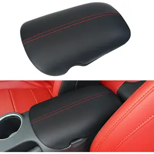 Console Cover for Ford Mustang Accessories 2026 2025 2024 2015-2023 Customized Leather Center Armrest Cover Seat Storage Box Lid Pad Seat Cover (Red Stitches)