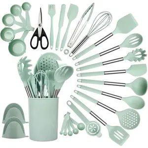 Silicone Cooking Utensils Set 28 Pcs Non-Stick Kitchen Tools with Holder 446°F Heat Resistant Spatula Tongs Spoons Stainless Steel Handle Gadgets Light Green