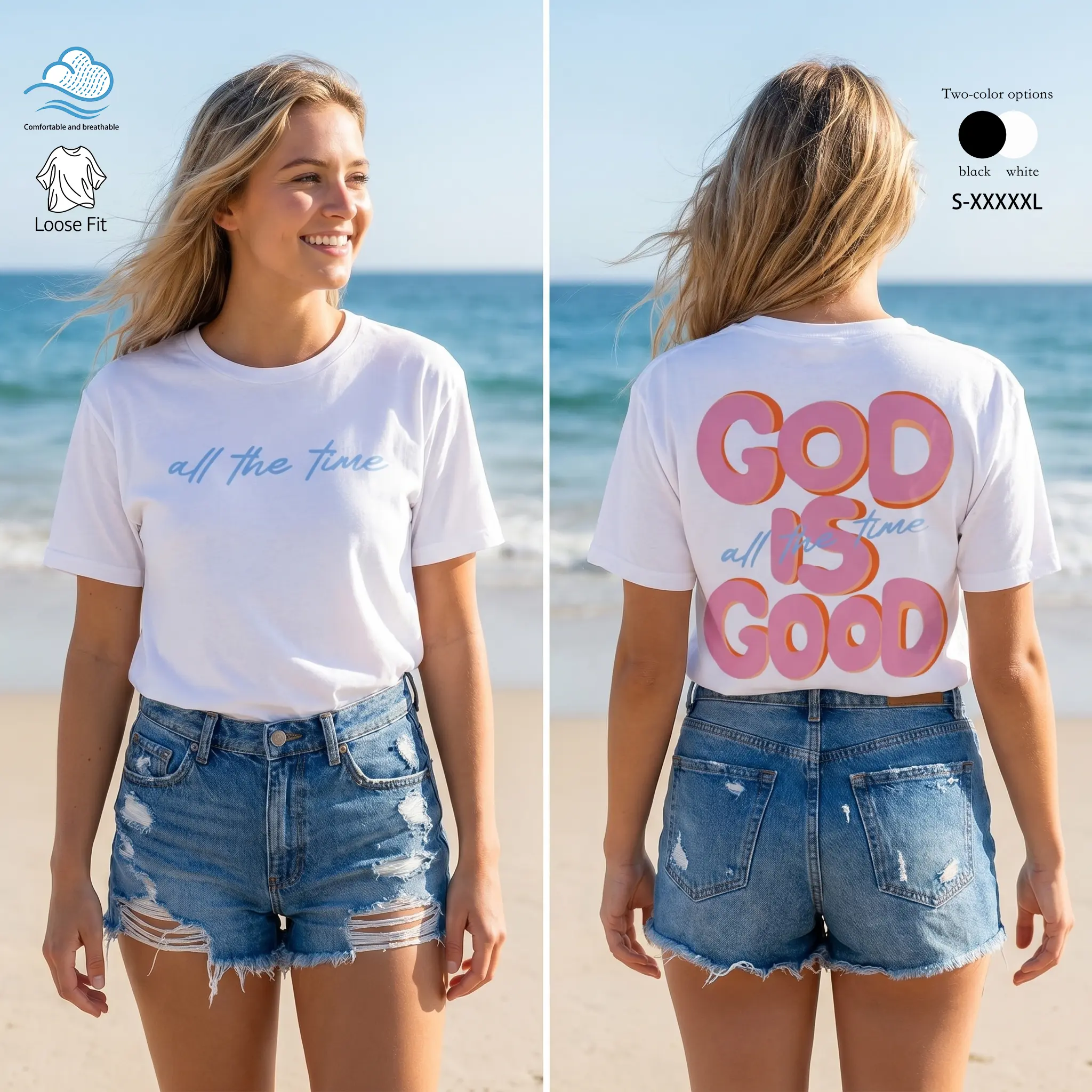 Unisex Loose 100% Cotton Oversized Short-Sleeve Round Neck Chic Vintage Washed Top, "God Is Good" & "All the Time" Print, 3XL Sports Streetwear, Suitable for Women’s Daily Wear & Gifting, Sporty Chic, Whimsical Charm, Oversize Fit, Message Print