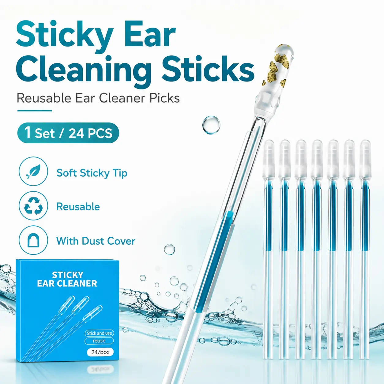 Sticky Ear Cleaning Stick for Adults, Reusable Adhesive Ear Cleaner Picks, Gentle Soft Earwax Remover Scoop Tool with Dust Cover Packaging, Safe Ear Cleaning Supplies, 1 Set / 24 PCS
