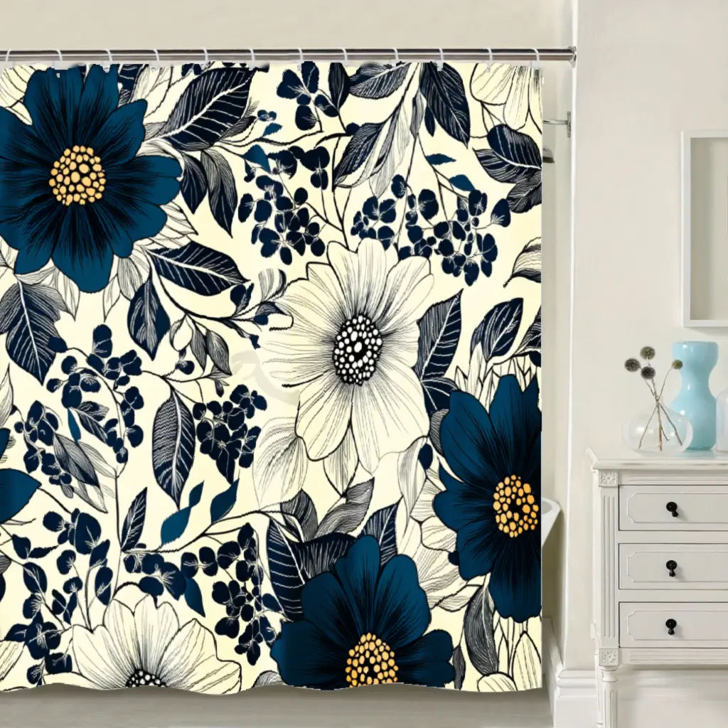 Vintage Floral Shower Curtain - Navy Blue, Beige Botanical Bathroom Decor With, Machine Washable Polyester Curtain with Hooks for Bathtub Or Shower, Bathroom Shower Curtain