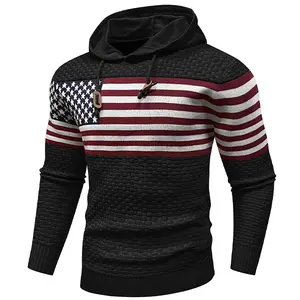 Men’s waffle-knit US flag hooded sweater, minimalist and warm, suitable for everyday wear and parties