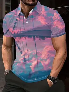 Men's Summer Fashionable Casual Polo Shirt, Printed Polo Shirt, Summer Polos, Digital Print Tropical Mesh Breathable Lightweight Top, Short Sleeve Fitted Tee, All Seasons Wear