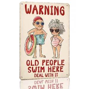 Old People Swim Here Pool Sign Aluminum Warning Old People Swim Here Deal With It Decorative Sign Funny Pool Themed Metal Wall Art For Backyard Pool Patio Outdoor Rustic Decoration 12×8 Inch