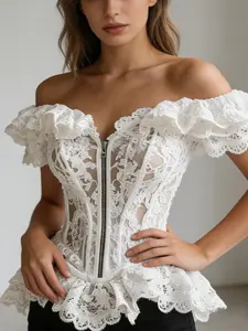 Women's Feminine Chic Elegant Lace Patchwork One Shoulder Blouse, Casual Loose-Fitting Solid Plain Shirt Top, Fashionable All Seasons Wear