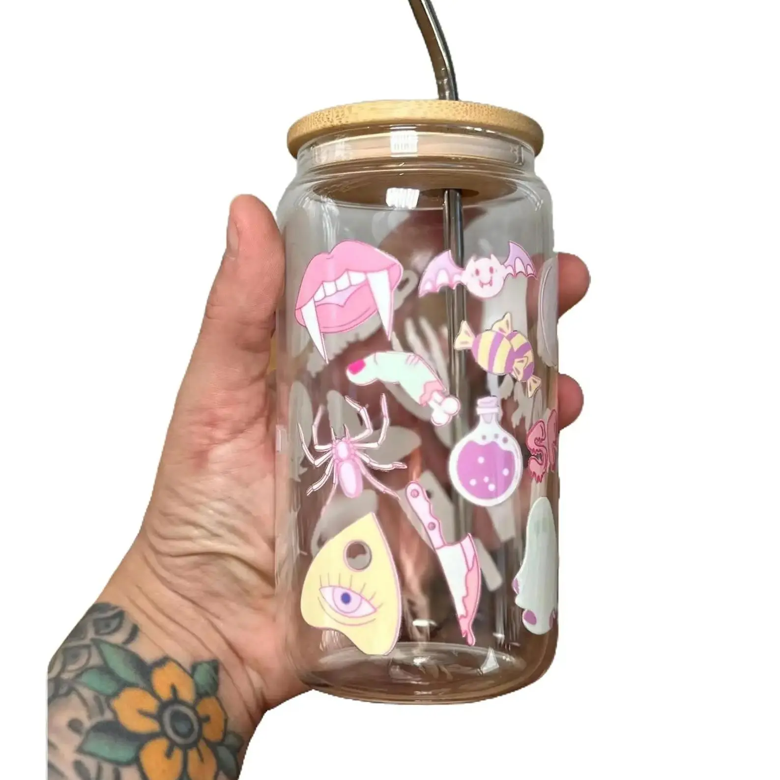 Retro Pastel Witchy Vibes Glass Cup | 16oz Handmade Halloween Drinkware with Lid & Straw Bamboo Aesthetic