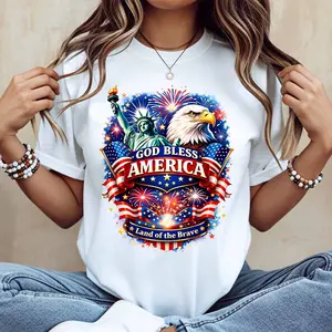 God Bless America Statue Of Liberty Eagle Fireworks Print T Shirt White Casual Loose Fit For Everyday Wear And Outdoor Activities
