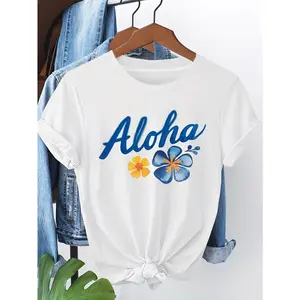 Womens Cotton Short Sleeve Graphic Tee Aloha Hawaii Flower Print Vacation Beach Summer Top Casual Crewneck Shirt For Travel Resort Weekend Outfit