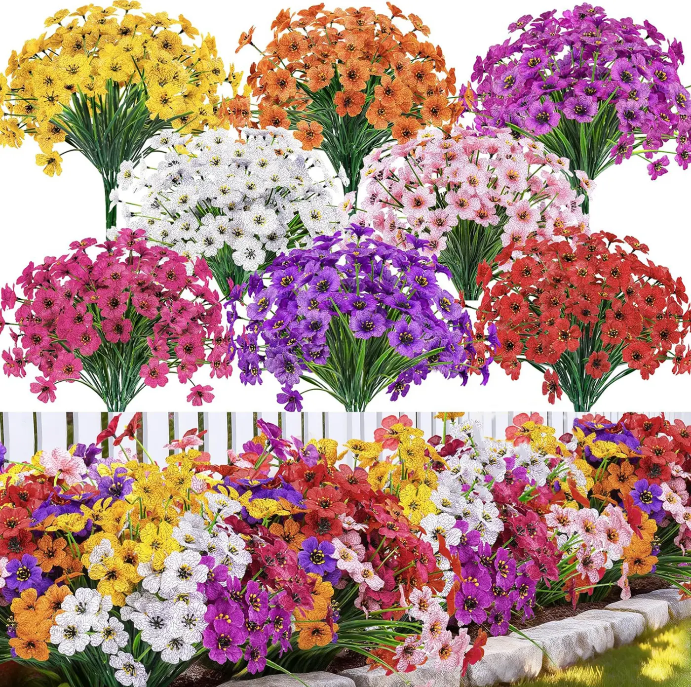 Der Rose 24-Bundle Silk Plastic Floral Decorative Flowers Bouquet Set, UV-Resistant Outdoor Faux Plants, 8 Vibrant Colors for Home Garden, Wedding Decor,dorm essentials
