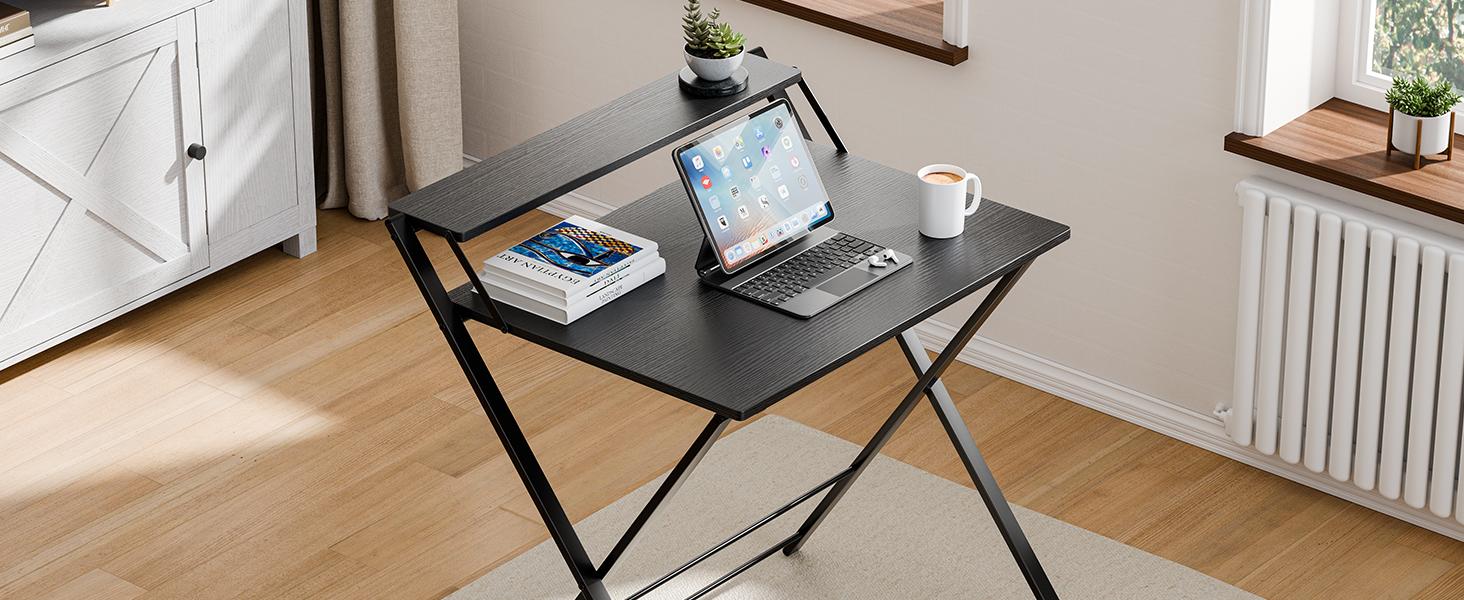 Folding Desk No Assembly, Sturdy Computer Desk for Small Spaces | Portable Foldable Table for Laptop, 2-Tier Compact with Shelf, Space Saving for Home Office, Dorm, Apartment
