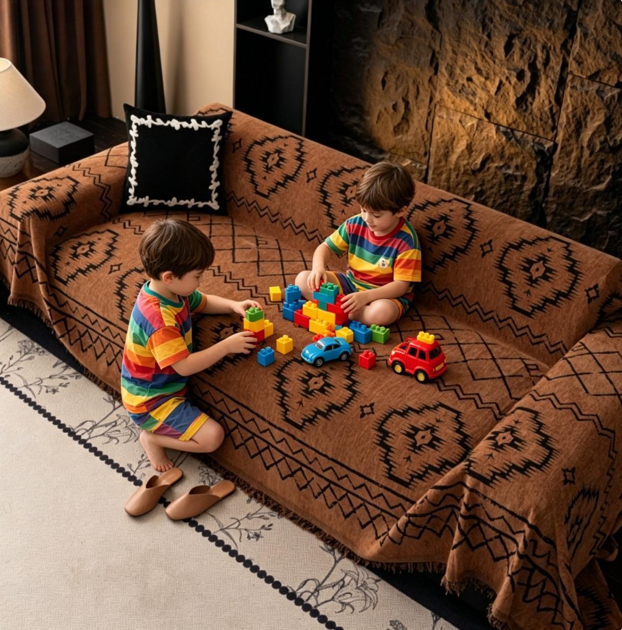 Southwestern Fringed Sofa Blanket | Brown & Black Aztec Throw for Boho Living Rooms