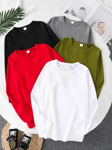 Boys' Long Sleeve Sports Round Neck Tops, 5-Pack Solid Color Casual Shirts, Fall Fashion for Kids, Comfortable & Stylish Design, Knit Tops, Knit Fabric Tops