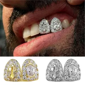 Men's Hip Hop Double Teeth Full Iced Hollow Holy Cross CZ Grillz Top & Bottom Shiny Single Grill for Punk Rapper Christmas Gift