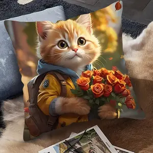 Cute Cat Holding Rose Pillowcase, 2D Print Design, Hidden Zipper, Home Decor, Bedroom, Living Room, Car, Sofa Decoration