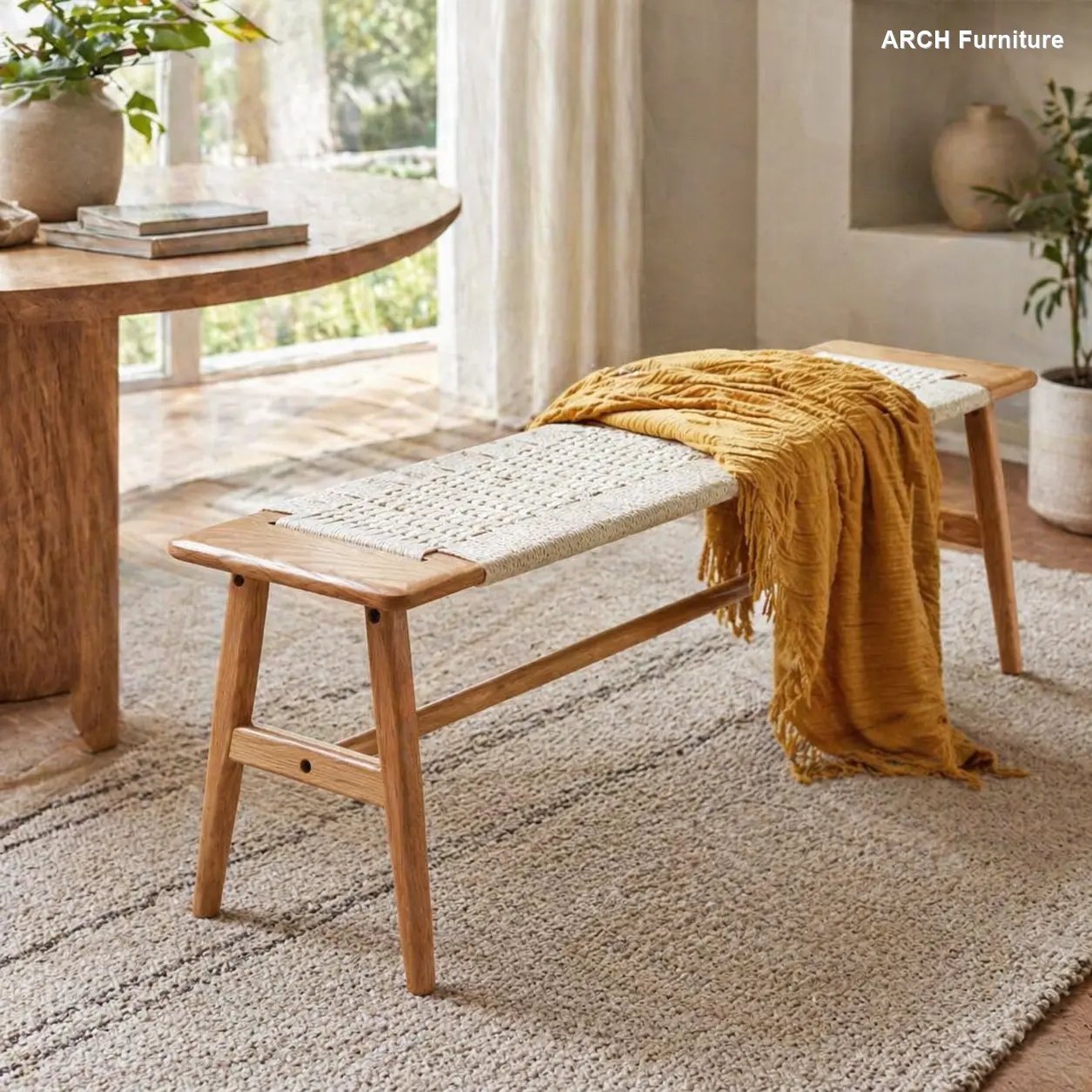 Compact Multi-Purpose Solid Wood Dining Bench - Natural Oak, Hand-Woven Breathable Seat, White Legs, Dual Purpose Cane Bench for Dining Room, Bedroom Footstool, Cane Benches