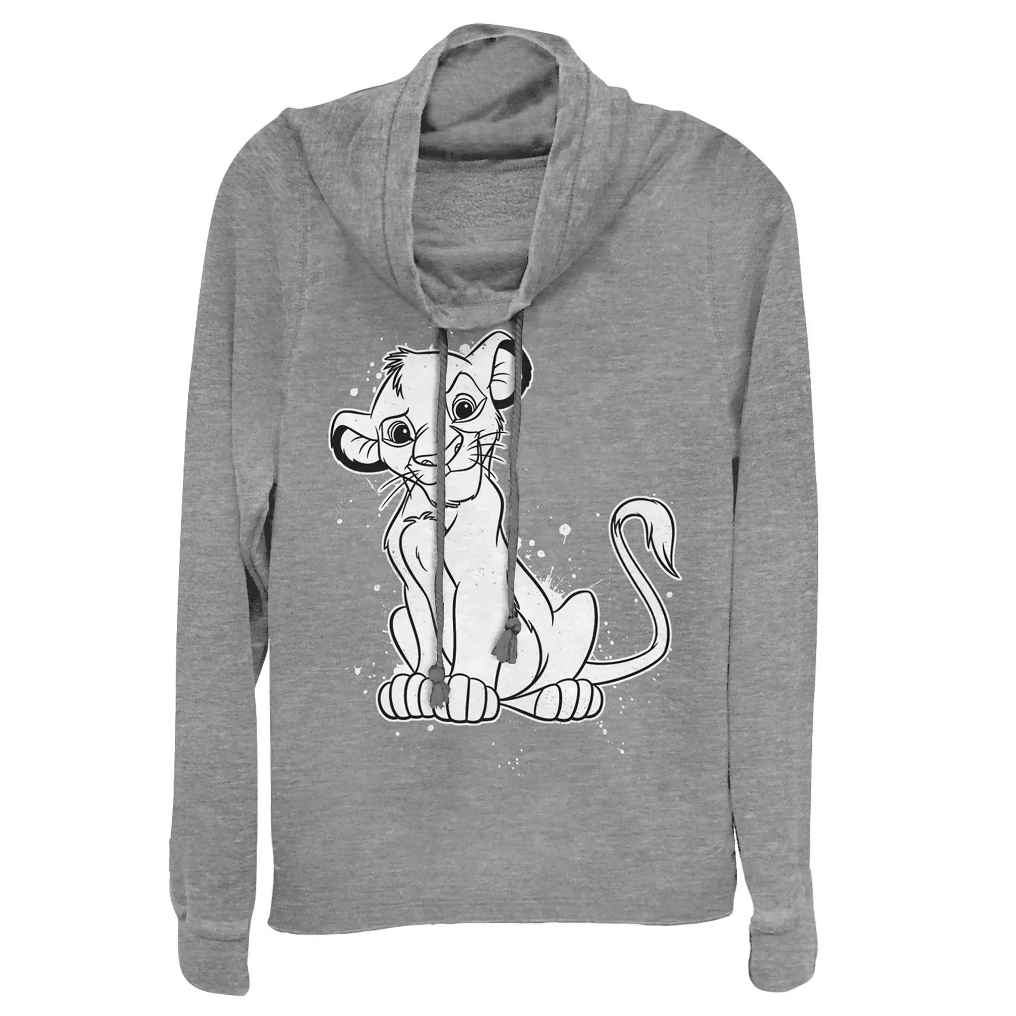 Juniors Womens Lion King Simba Smirk Paint Splatter Print Cowl Neck Sweatshirt
